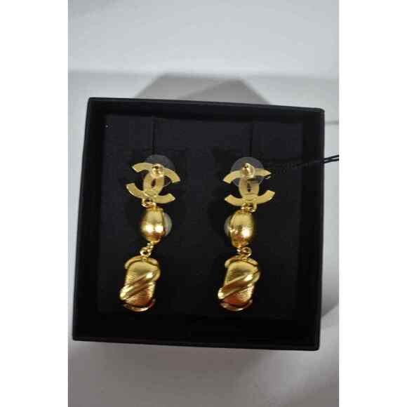 Chanel 22A Gold Pearl White Crystal XL Logo Large Dangle Drop Statement Earrings - Picture 10 of 12